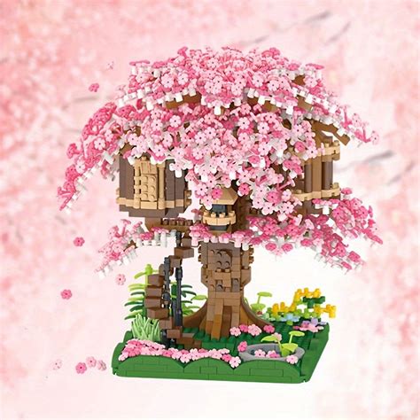 Pink Sakura Tree House Building Block Cherry Blossom Model Building