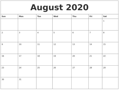 August 2020 Calendar