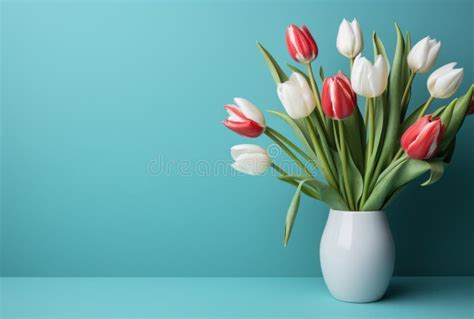 A Bouquet Of Pink And White Tulips On A Light Blue Background Stock