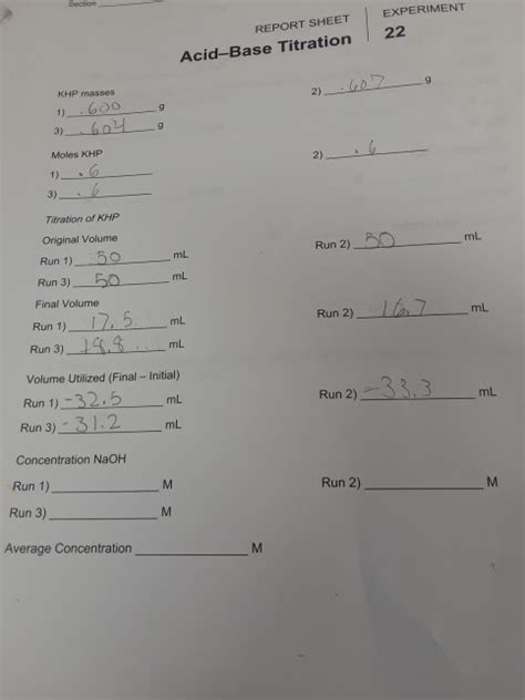 Solved REPORT SHEET EXPERIMENT Acid Base Titration 22 KHP Chegg