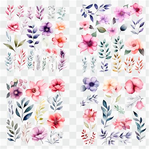 Um Conjunto De Flores E Folhas Em Aquarela Vetor Premium