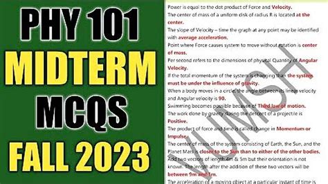 PHY101 MIDTERM MCQS FALL 2023 MOST REPEATED AND IMPORTANT MCQS