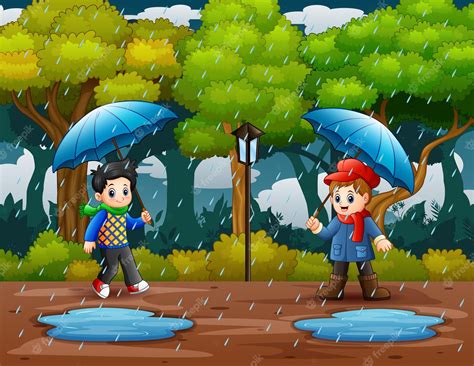 Premium Vector Rainy Season With Two Boys Carrying Umbrella In The