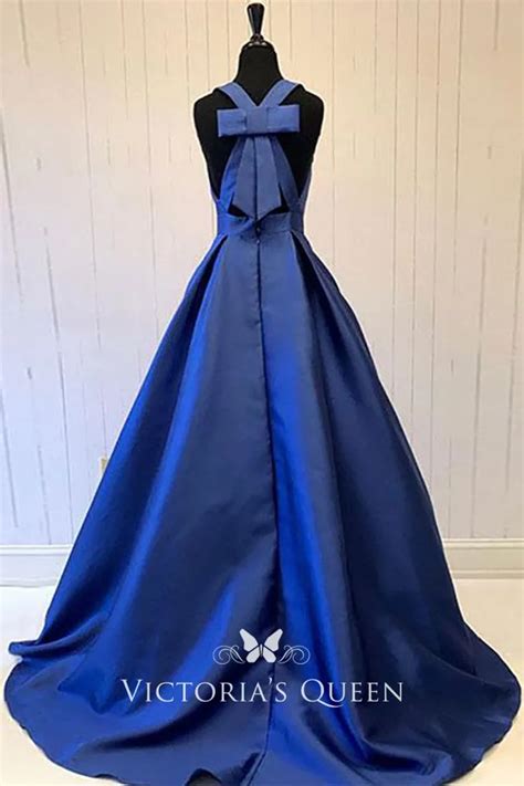 Sleeveless Navy Blue Satin Plunging V Neck Ball Gown Vq