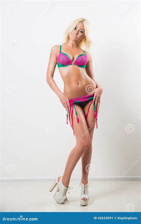 Blonde Woman In Pink Fashionable Lingerie Stock Image Image Of Blonde