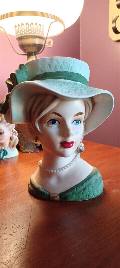 Vintage Lady Head Vase K Relpo Open Blue Eyes Green Outfit Large