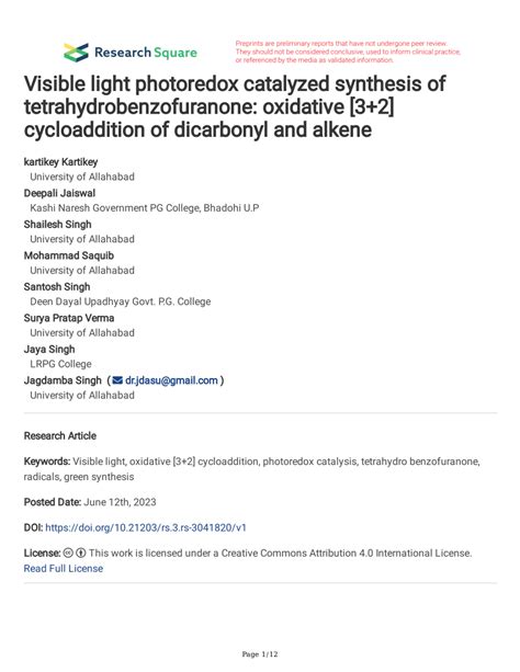 Pdf Visible Light Photoredox Catalyzed Synthesis Of