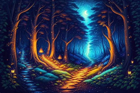 Premium Photo | A forest at night fantasy mystical