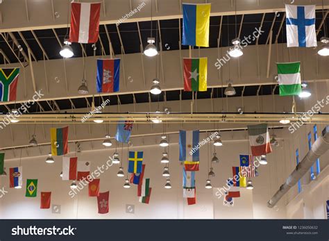 International Flags Hanging Ceiling Sport Hall Stock Photo