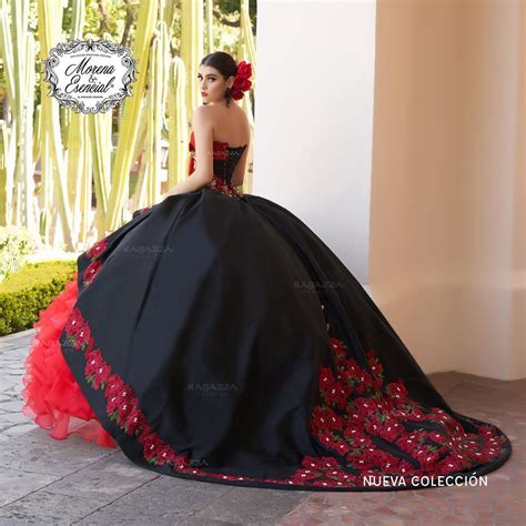 Split Front Floral Charro Quincea Era Dress Red And Black Quinceanera