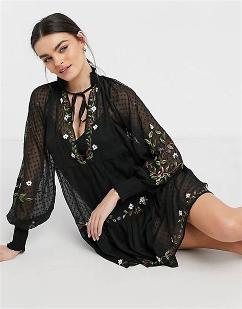 Asos Design Embroidered Mini Smock Dress With Shirred Cuffs In Black Asos