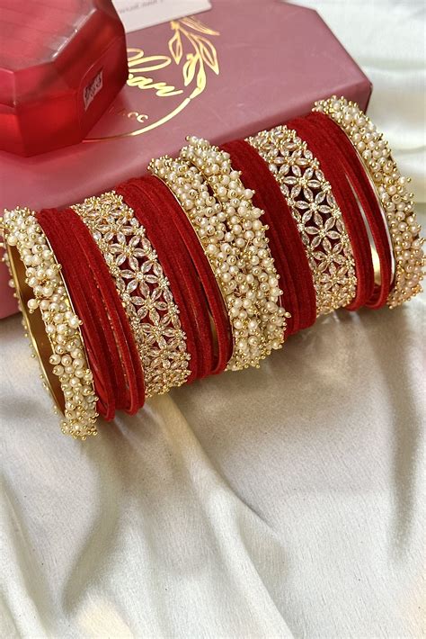 Red Scarlett Velvet AD Bangle Set for 2 Hands - Nikhar Jewellery