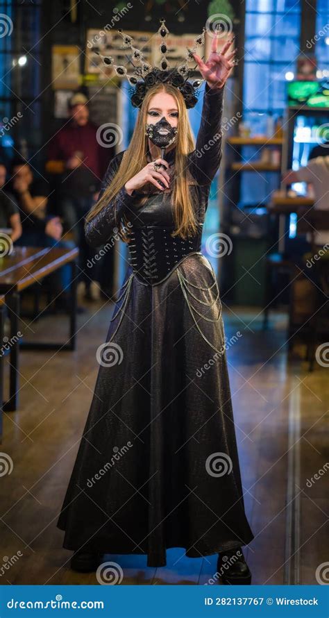 Portrait Of A Hot Woman In A Gothic Costume Posing Outdoors At Night Stock Image Image Of