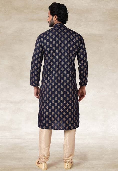 Golden Printed Cotton Kurta Set In Navy Blue MLY189