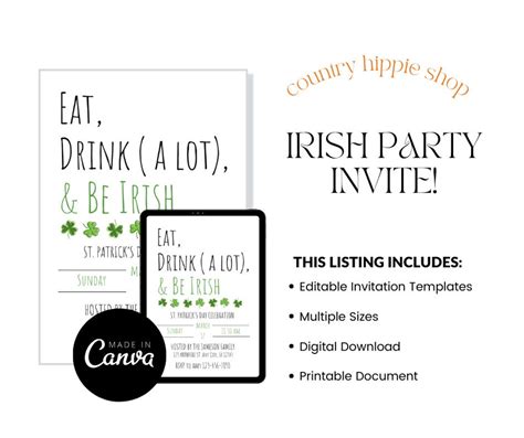 St Patricks Day Party Invitation St Pattys Celebration Simple Editable Canva Template Saint