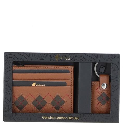 Leather Card Holder Key Ring Gift Set Cognac Khaki Red Gb Gs