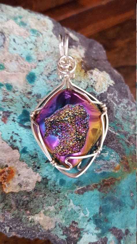 Rainbow Druzy Pendant Wire Wrapped Gemstone Purple Gemstone Titanium