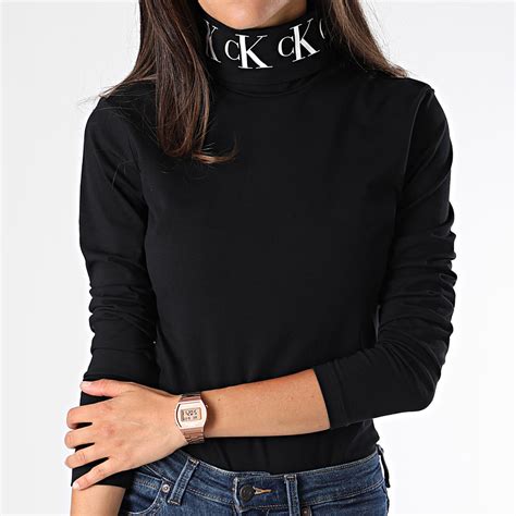 Calvin Klein Tee Shirt Manches Longues Femme Col Roulé Monogram Tape