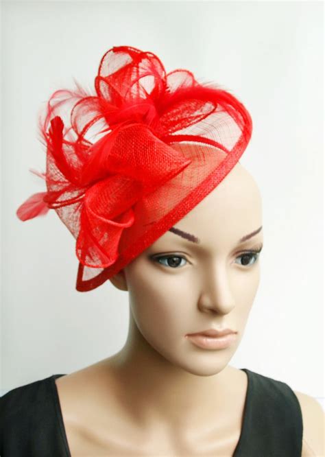 Red Sinamay Wedding Fascinator Hats Corsage Flower Feather Hair Band