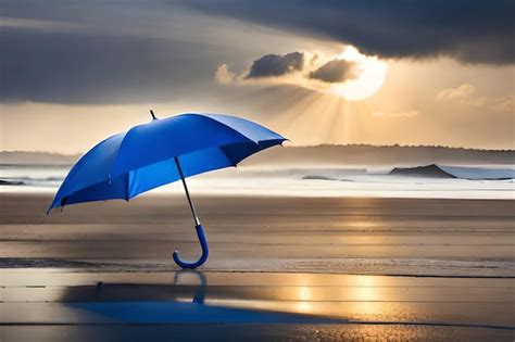 Premium AI Image | A blue umbrella stands on a beach under a cloudy sky.