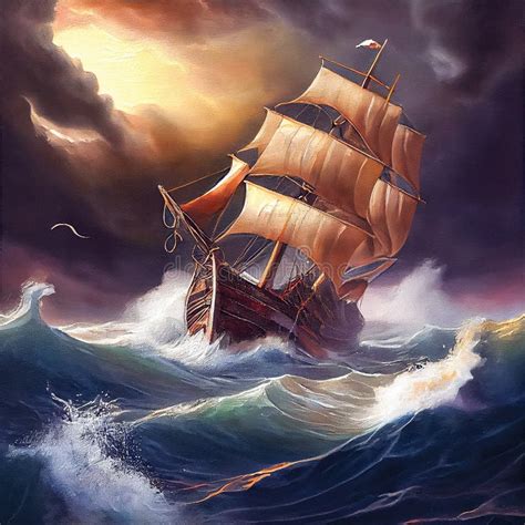 Sailing Ship in the Ocean on a Storm, Seascape with a Sailboat ...