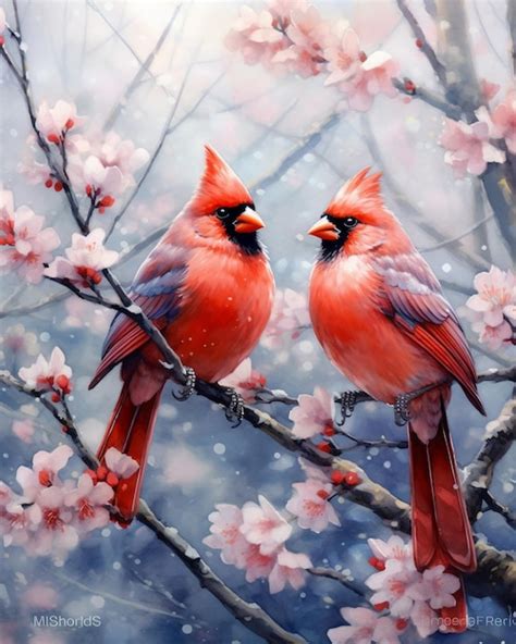 Premium AI Image | A painting of a couple of birds with pink flowers on the branches.