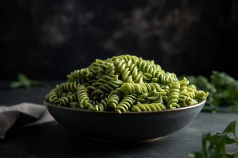 Premium AI Image Green Fusilli Pasta In A Plate On A Gray Background