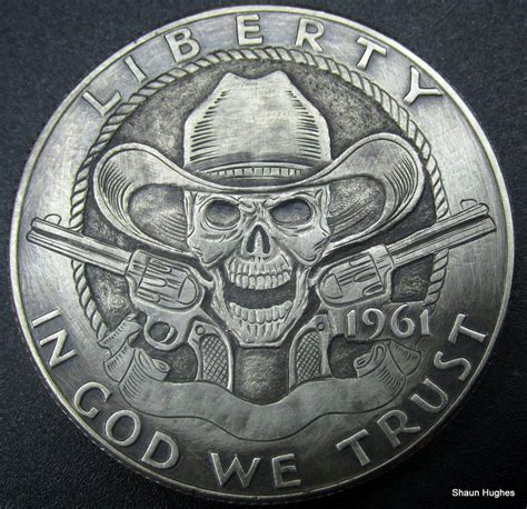 Re Carved Silver Half Dollar Skull By Shaun Hughes Hobo Nickel Coin