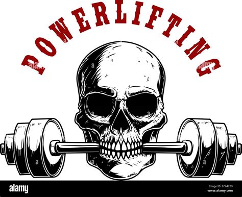 Powerlifting Illustration Of Human Skull With Barbell In His Teeth Design Element For Poster