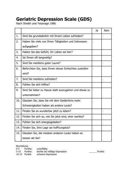 Geriatric Depression Scale Printable