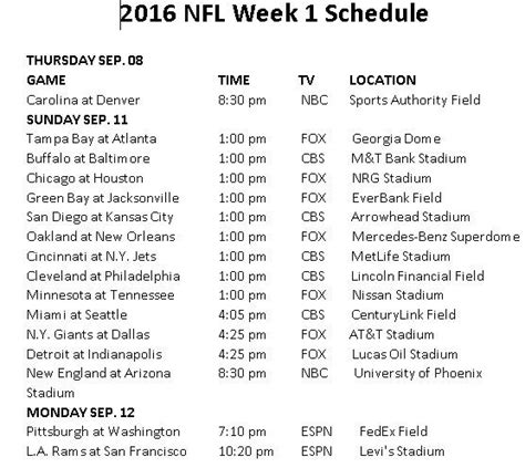 Nfl Week 1 Schedule Printable Printable Schedule