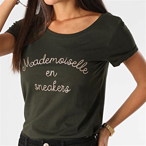 Only Tee Shirt Femme Sille Mademoiselle Vert Kaki Doré