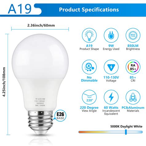 Maylaywood A19 Led Light Bulbs 60 Watt Equivalent Led Bulbs Daylight White 5000k 850 Lumens