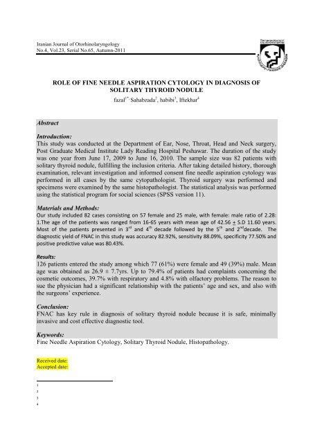 Role Of Fine Needle Aspiration Cytology In Diagnosis