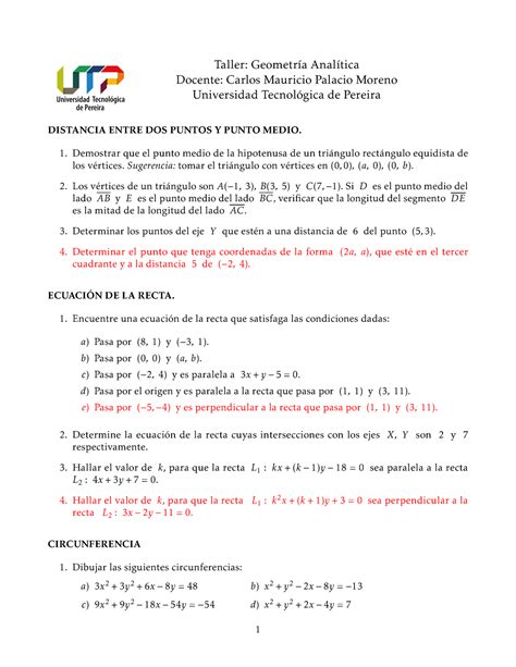 Matem Ticas Utp Ejercicios Mate B Taller Geometr A Anal