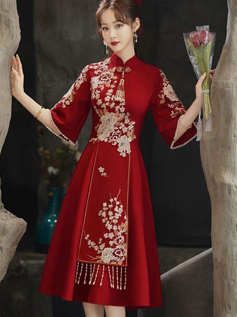 A Line Embroidered Midi Qipao Cheongsam Wedding Dress CozyLadyWear