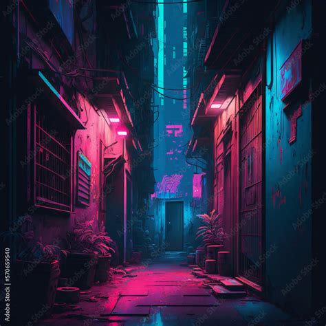 pink and blue neon lights on a city alley. neo-noir pink and blue style ...