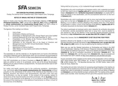 Sfa Semicon Philippines Corp Announces Annual Stockholders Meeting On