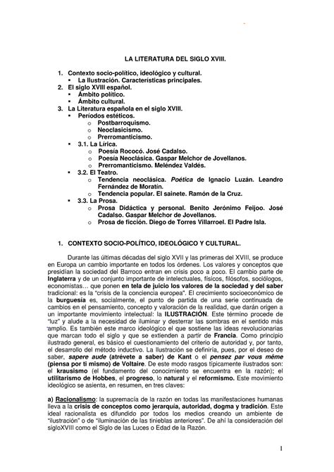 Sxviii LA LITERATURA DEL SIGLO XVIII Contexto socio político