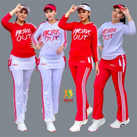 Jual Setelan Baju Senam Merah Putih Rok Workout Panjang Set Baju