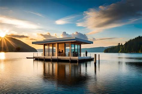 Premium AI Image | A small house on a dock with a lake in the background.