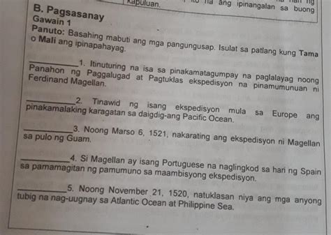 B Pagsasanay Gawain Panuto Basahing Mabuti Ang Mga Pangungusap