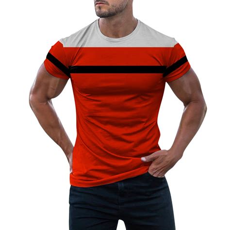 Fauean Tshirts Shirts For Men Crew Neck Color Block Tops Fashion Short Sleeved Blouse Red Size L