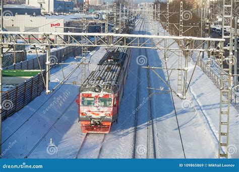 MOSCOW, FEB. 01, 2018: Winter View on Russian Railways Red Snow Covered ...