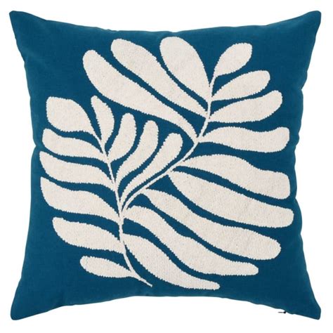 Housse de coussin en coton biologique bleu canard motif végétal blanc