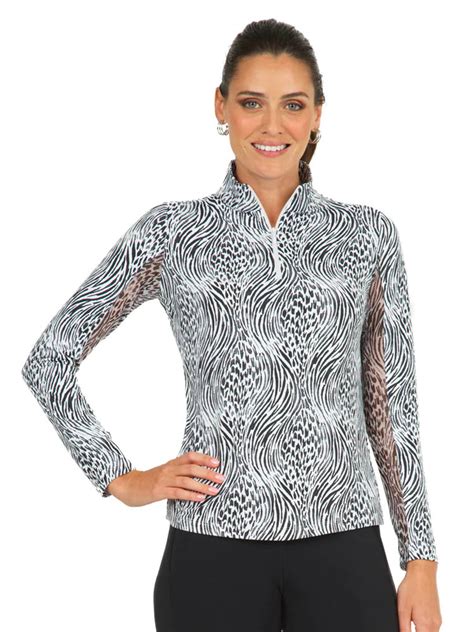 Ibkul Alena Print Long Sleeve Mock Neck Top Black White