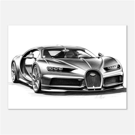 Bugatti Chiron Front View Handcrafted Pencil Sketch Detailed Monochrome Artwork Unique Grayscale ...