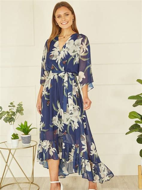 Yumi Floral Kimono Sleeves Dip Hem Wrap Midi Dress Navy