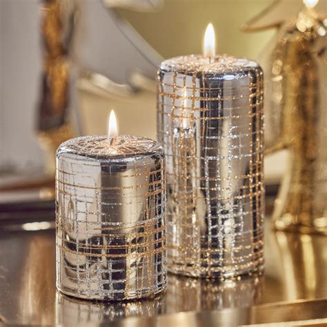 Metallic Pillar Candle Metallic Silver And Gold Glitter Carlyle Avenue