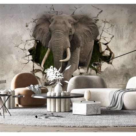 3D Elephant Crashes Into Room Wall Mural